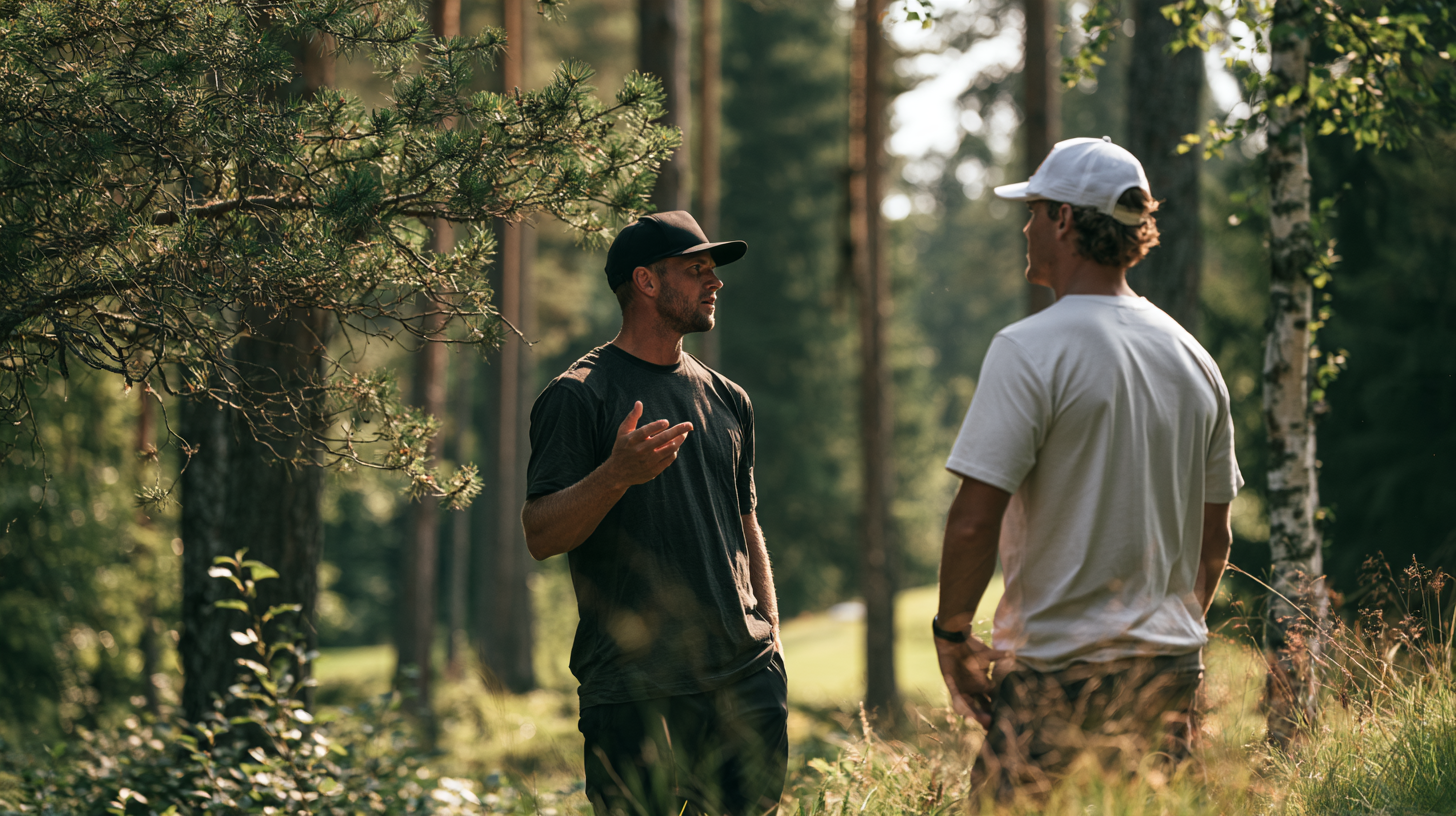 To discgolfspillere snakker sammen på en solbelyst skogsbane